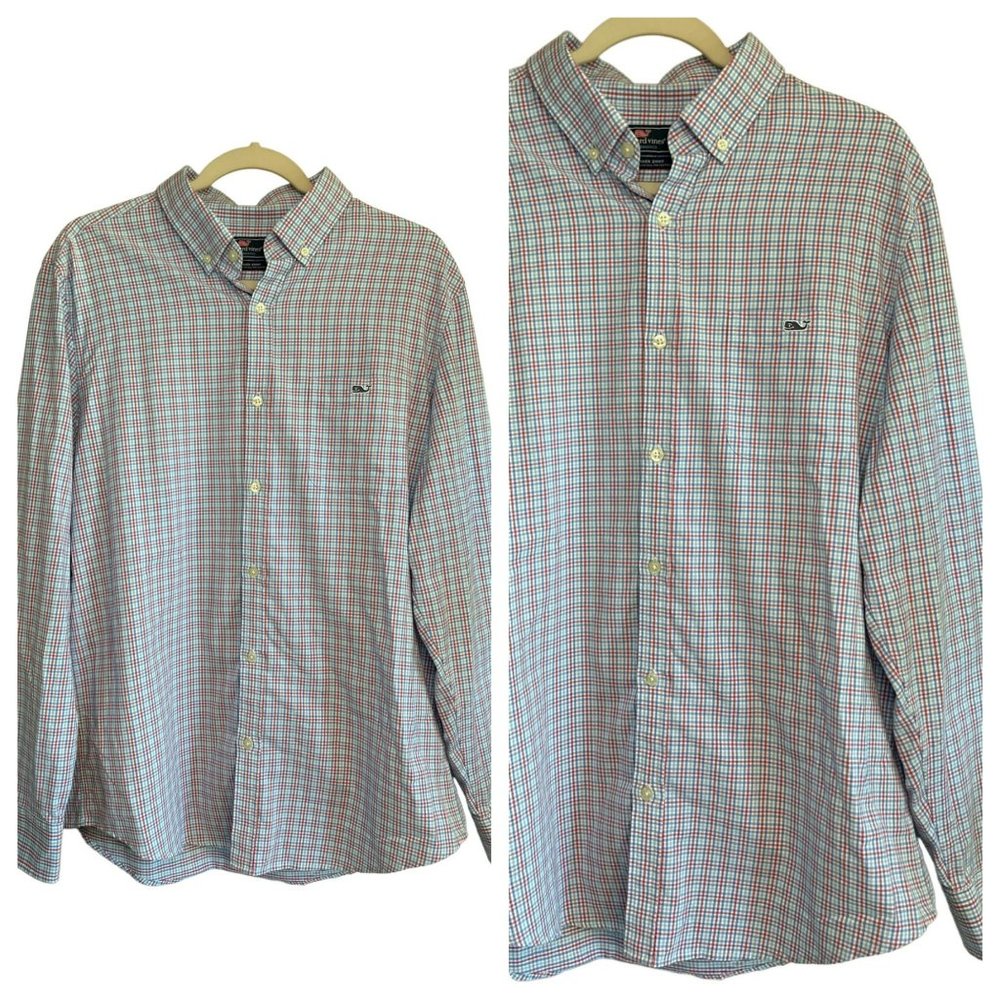 Vinyard Vines Men’s Button Front Slim Fit Tucker Pink Blue Shirt SZ Large Whale